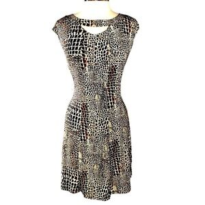GABBY SKYE Size L A-Line Dress Brown Beige Animal Print Stretch Cap Sleeve